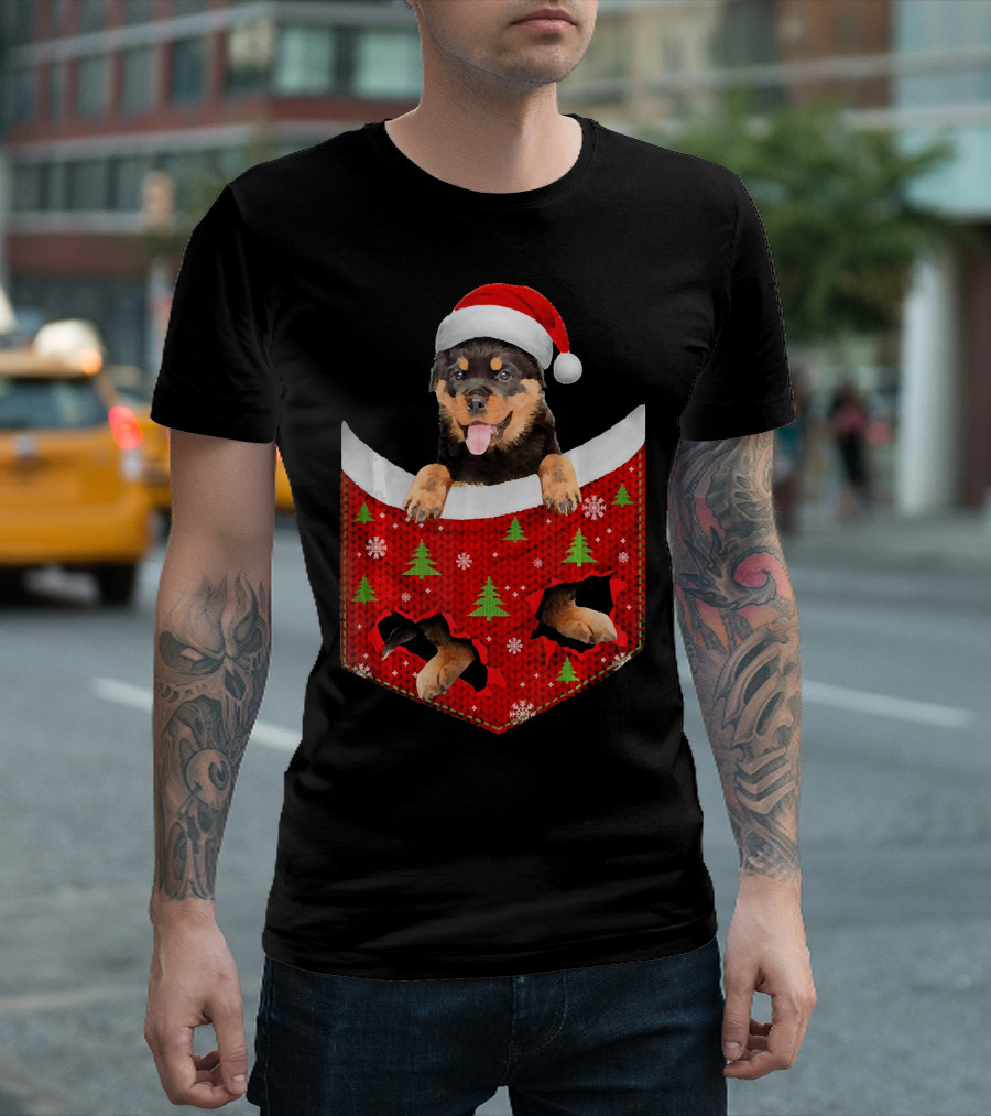 Santa Rottweiler Xmas Pocket Funny Rottweiler Christmas Hat Trees Snowflakes T-Shirt