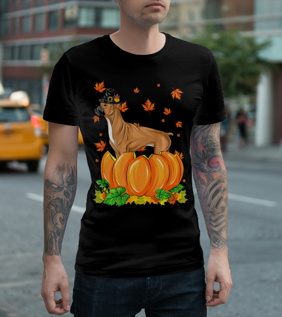 Thanksgiving Boxer Dog with Pilgrim Hat and Pumpkins Surrounded by Autumn Leaves T-Shirt