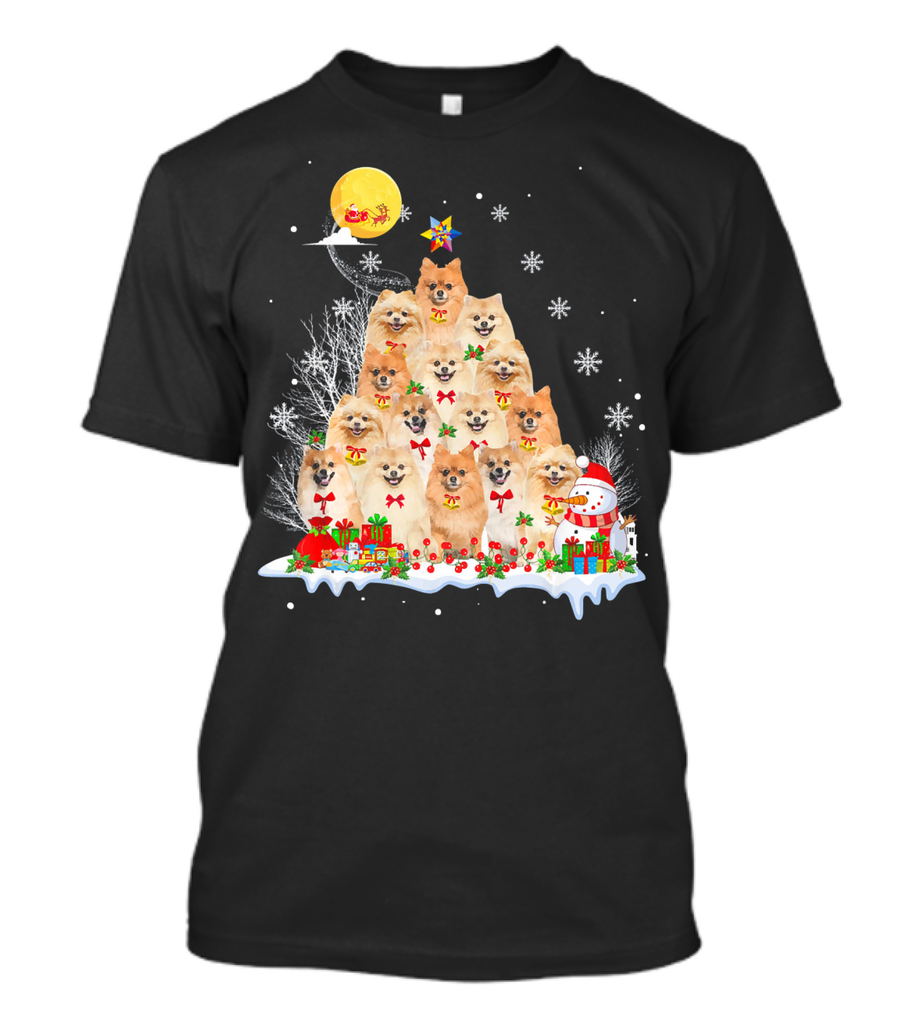 Pomeranian Dog Christmas Pyramid With Reindeer Santa And Snowman Scene T-Shirt