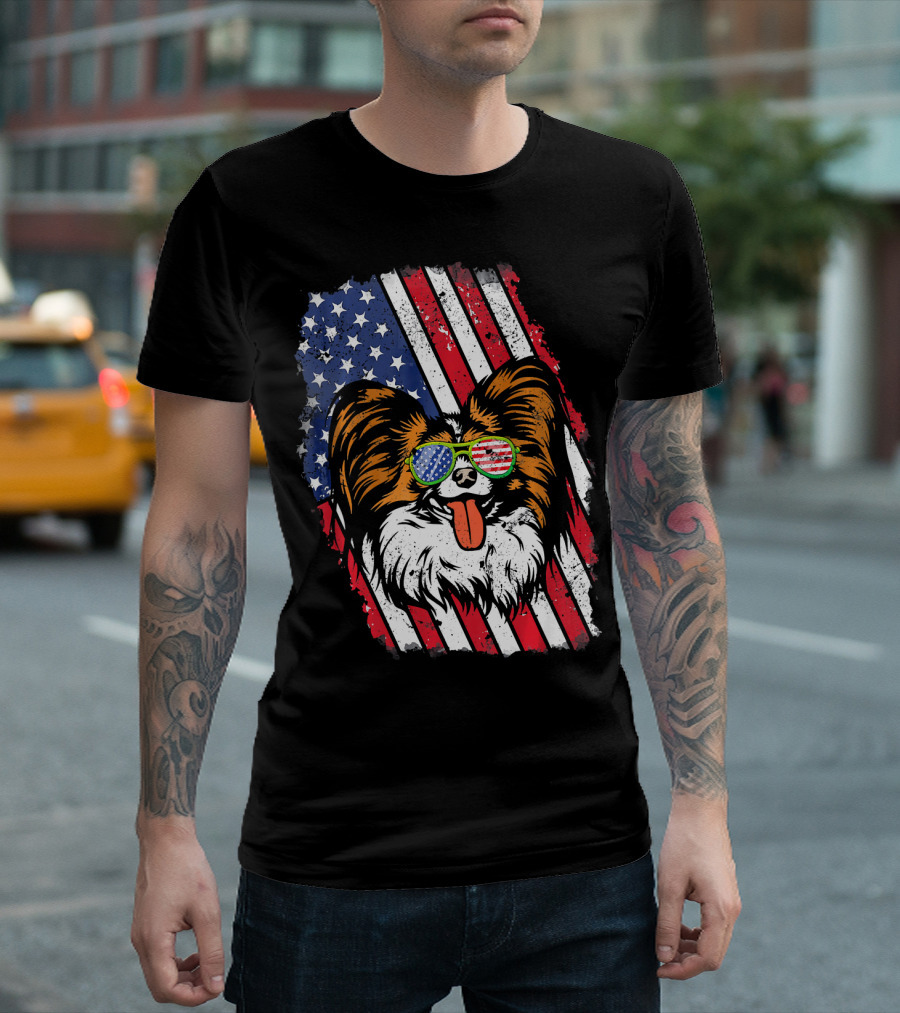 Papillon Dog with American Flag and Paw Sunglasses T-Shirt