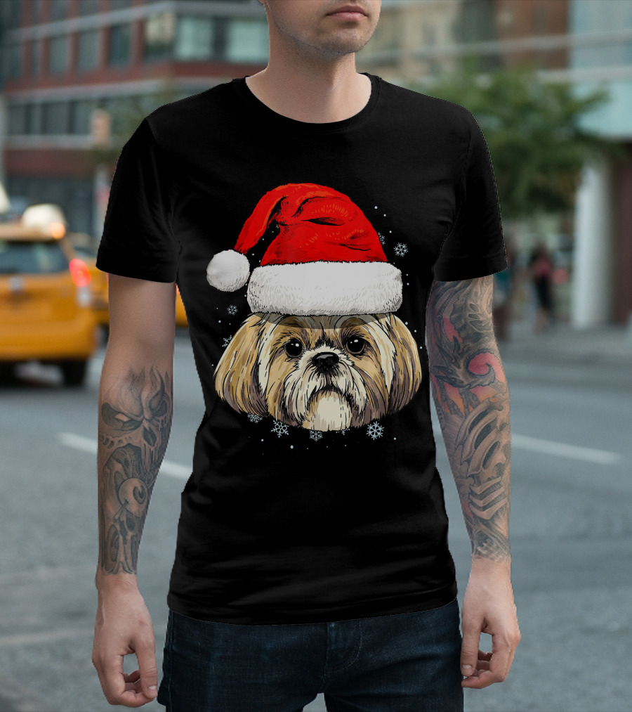 Shih Tzu in Santa Hat with Snowflakes T-Shirt