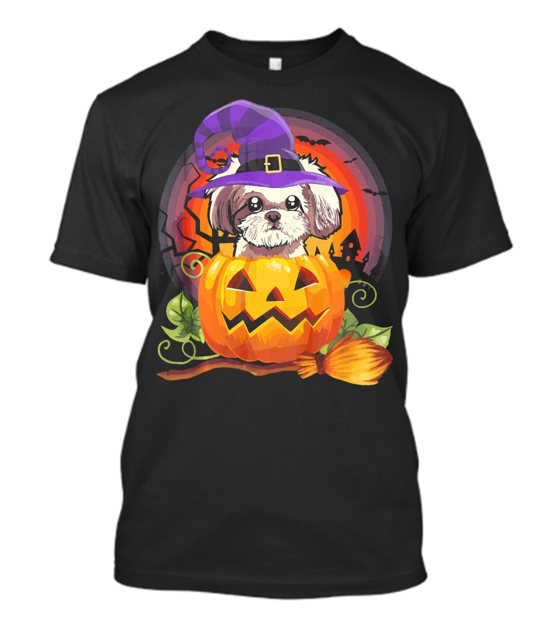 Shih Tzu Witch In Pumpkin With Broomstick Halloween Dog Scene T-Shirt