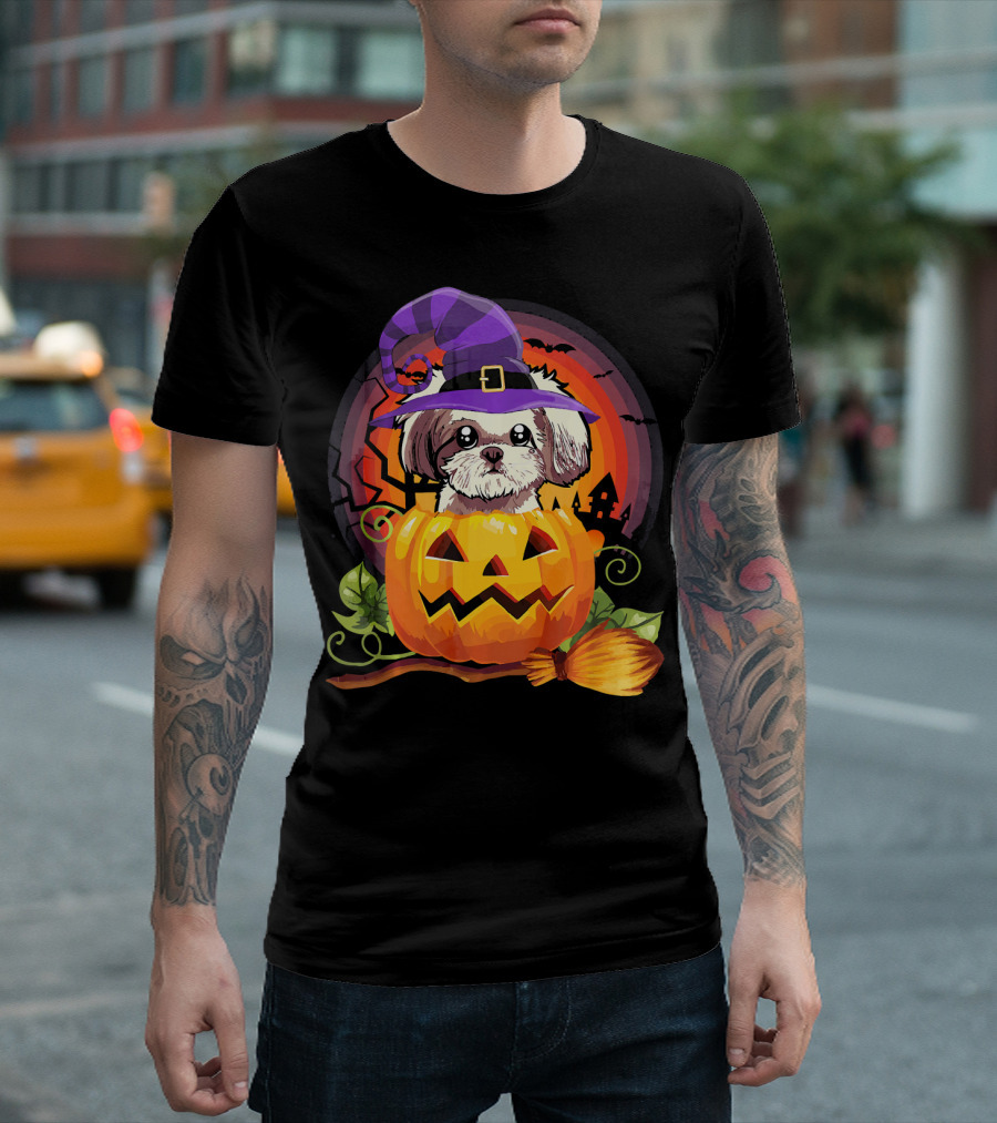 Shih Tzu Witch In Pumpkin With Broomstick Halloween Dog Scene T-Shirt
