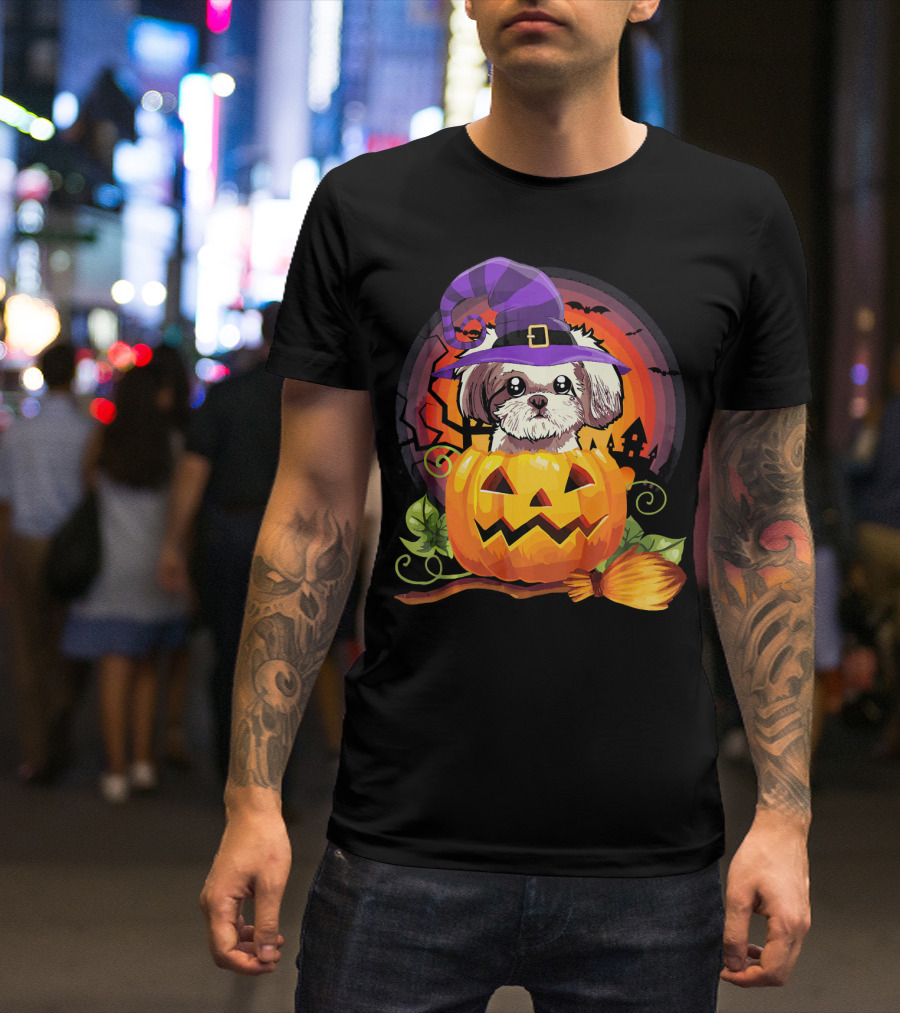 Shih Tzu Witch In Pumpkin With Broomstick Halloween Dog Scene T-Shirt
