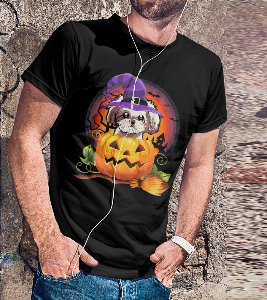 Shih Tzu Witch In Pumpkin With Broomstick Halloween Dog Scene T-Shirt