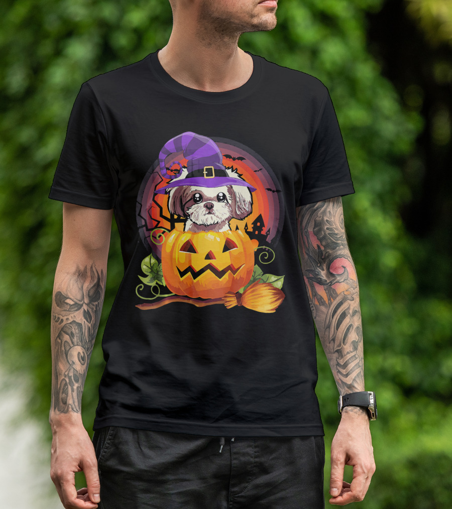 Shih Tzu Witch In Pumpkin With Broomstick Halloween Dog Scene T-Shirt