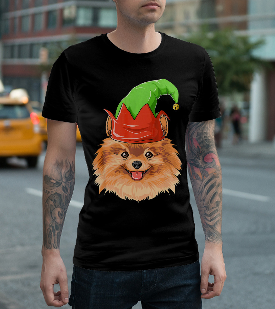 Pomeranian In Green And Red Elf Hat Christmas Pomeranian T-Shirt