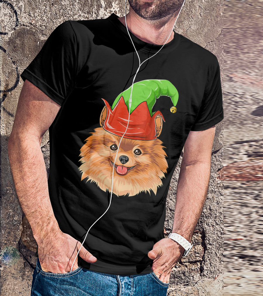 Pomeranian In Green And Red Elf Hat Christmas Pomeranian T-Shirt