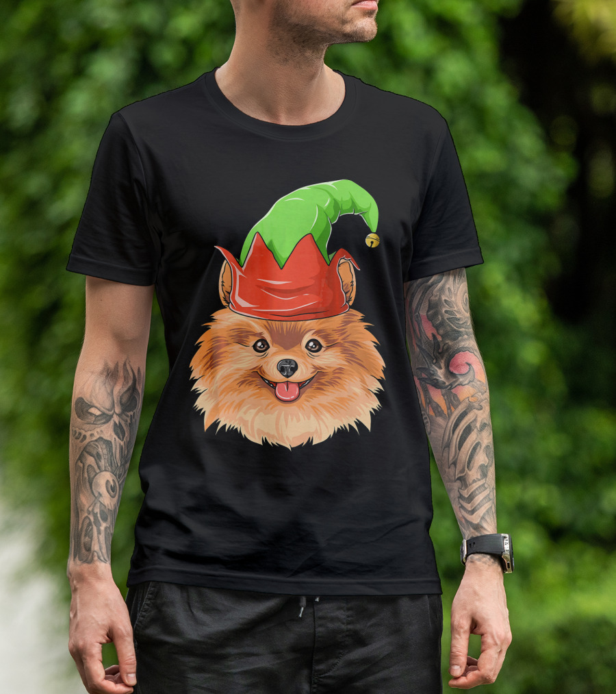 Pomeranian In Green And Red Elf Hat Christmas Pomeranian T-Shirt