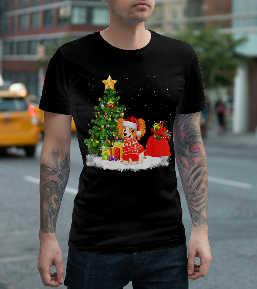 Papillon Dog Christmas Santa Hat and Presents by Tree T-Shirt