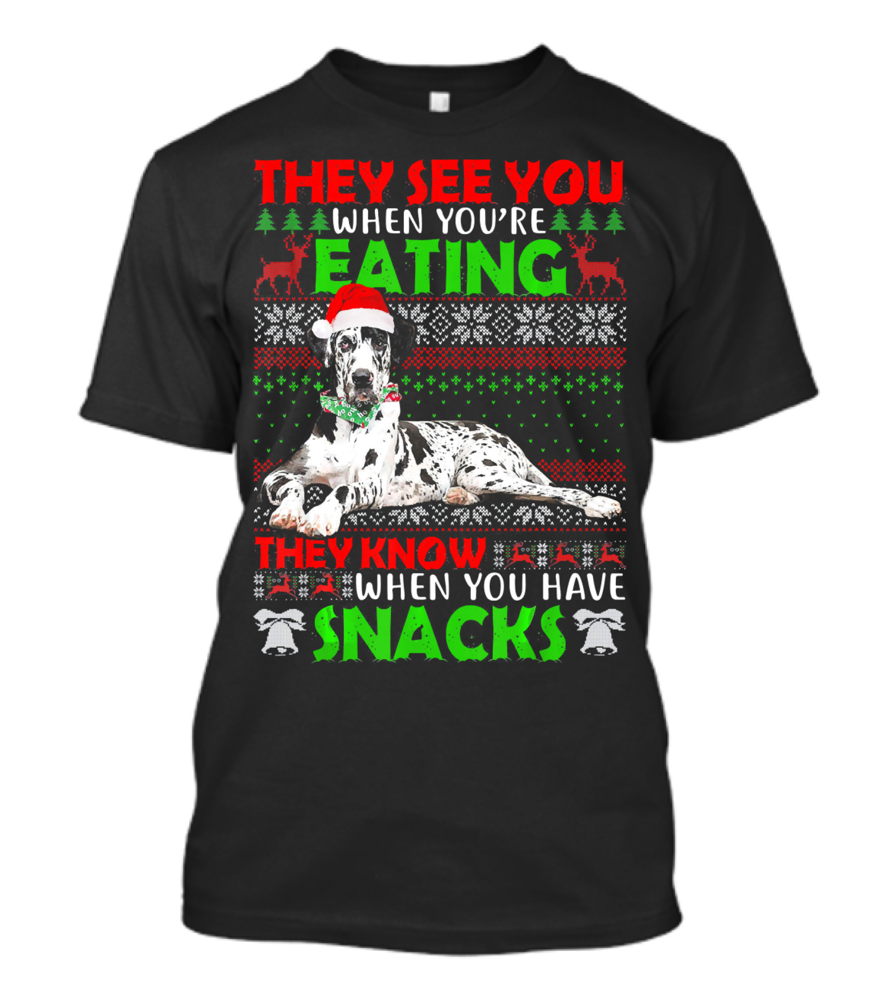 Ugly Christmas Great Dane They See You When You're Eating Snacks T-Shirt