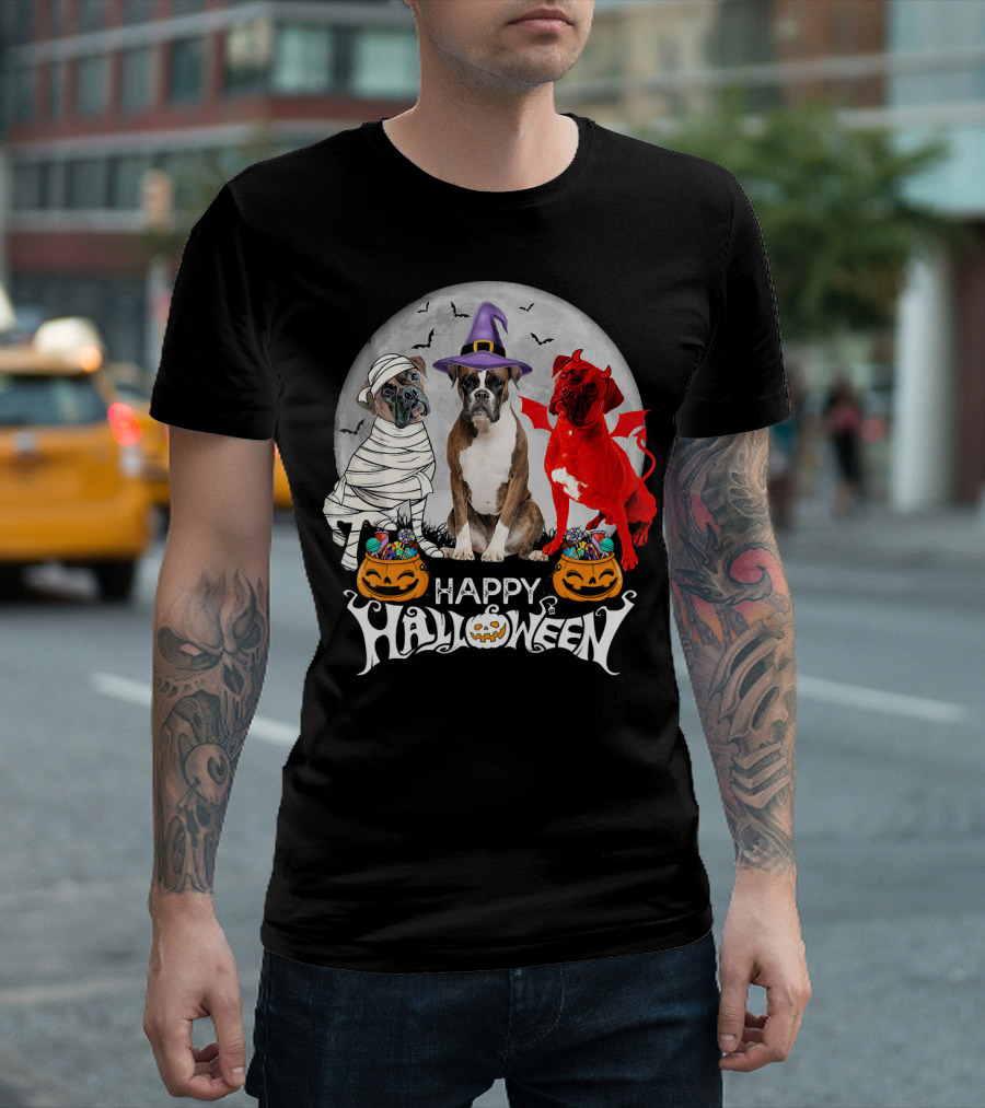 Three Boxer Dogs Mummy Witch Demon Happy Halloween T-Shirt