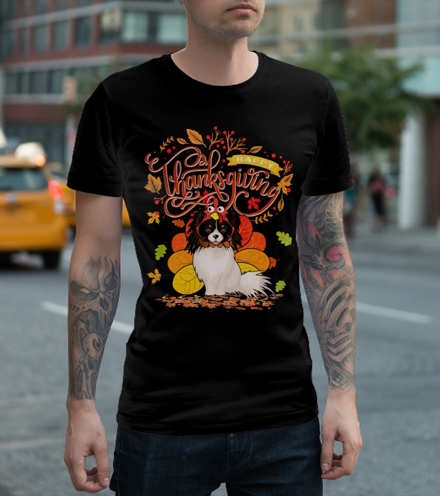 Happy Thanksgiving Papillon with Turkey Hat Surrounded by Fall Leaves T-Shirt