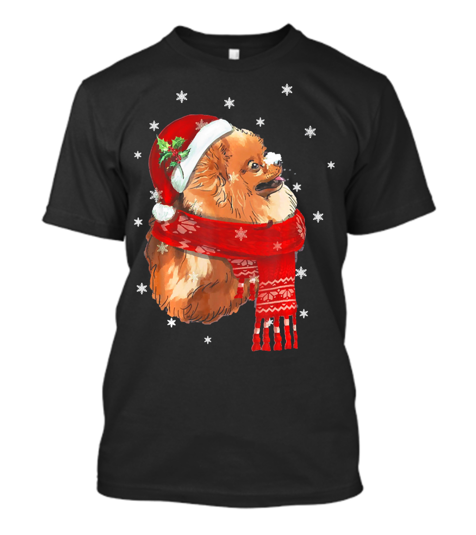 Pomeranian Christmas Dog Santa Hat Scarf Snowflakes Love T-Shirt
