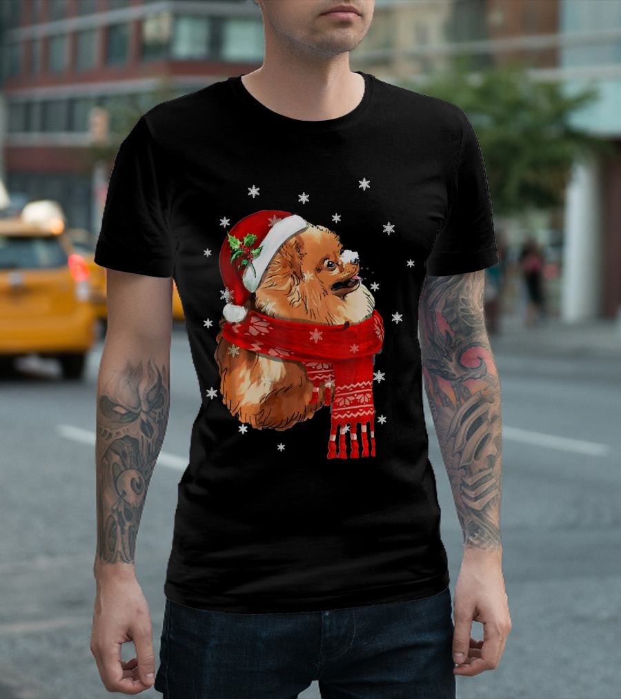 Pomeranian Christmas Dog Santa Hat Scarf Snowflakes Love T-Shirt