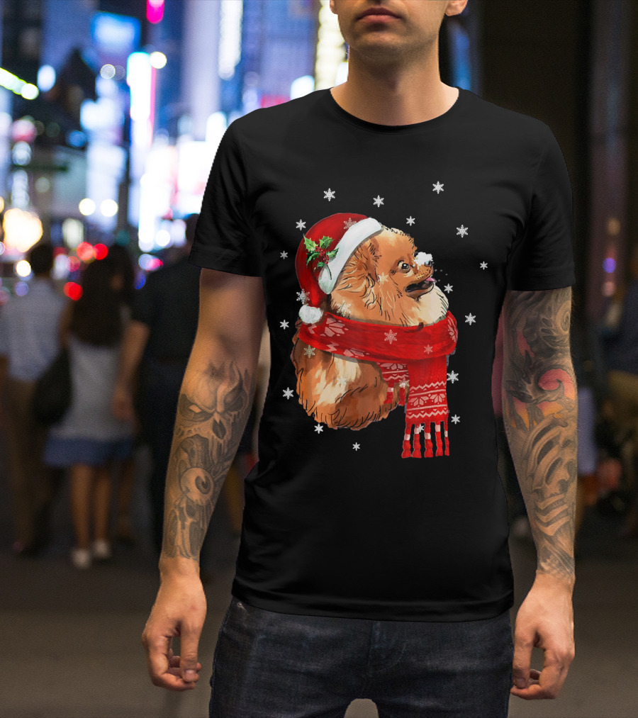 Pomeranian Christmas Dog Santa Hat Scarf Snowflakes Love T-Shirt