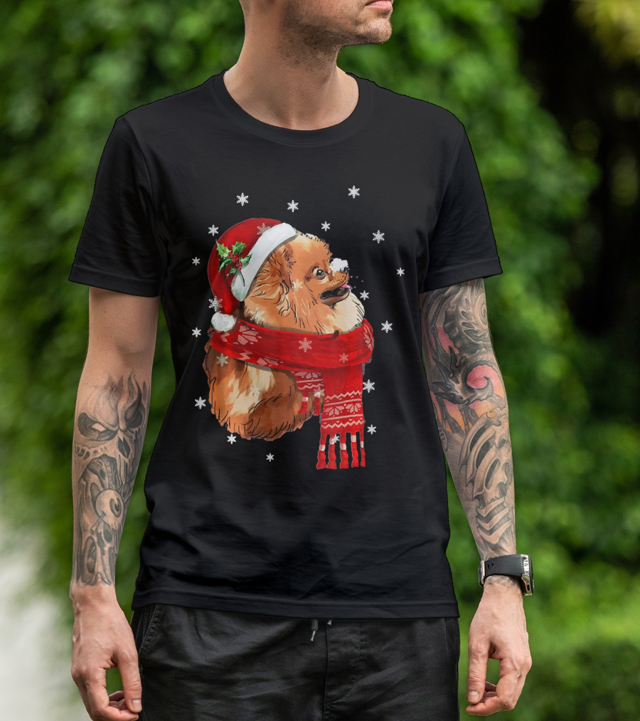 Pomeranian Christmas Dog Santa Hat Scarf Snowflakes Love T-Shirt