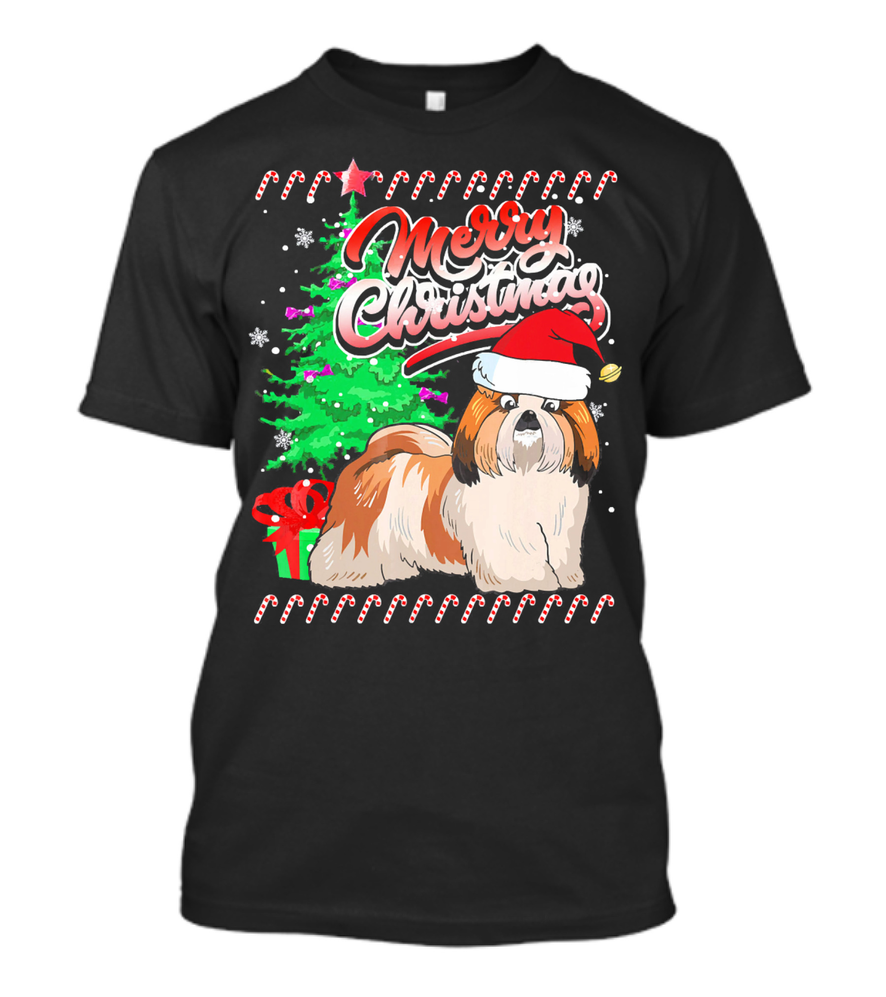 Merry Christmas Shih Tzu Santa Hat Candy Canes T-Shirt
