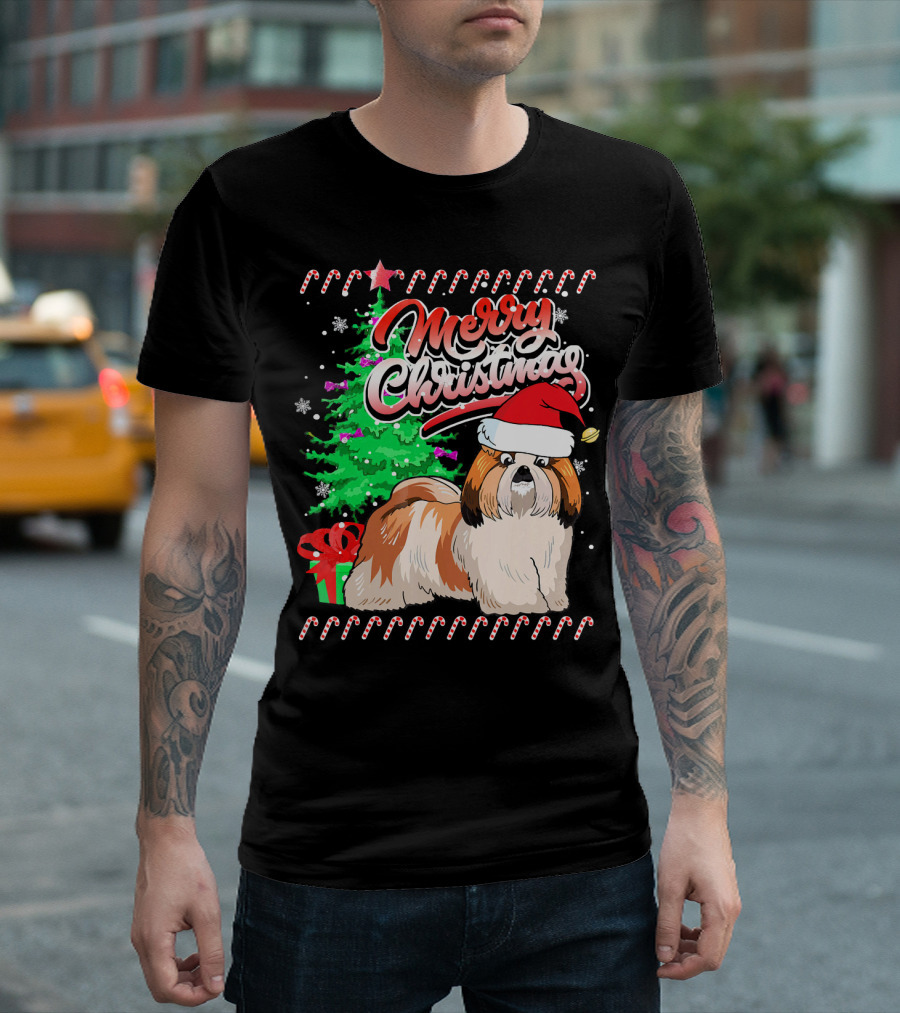 Merry Christmas Shih Tzu Santa Hat Candy Canes T-Shirt