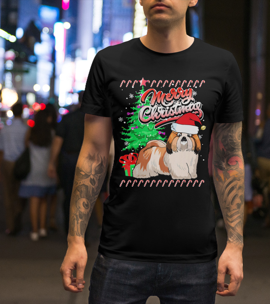 Merry Christmas Shih Tzu Santa Hat Candy Canes T-Shirt