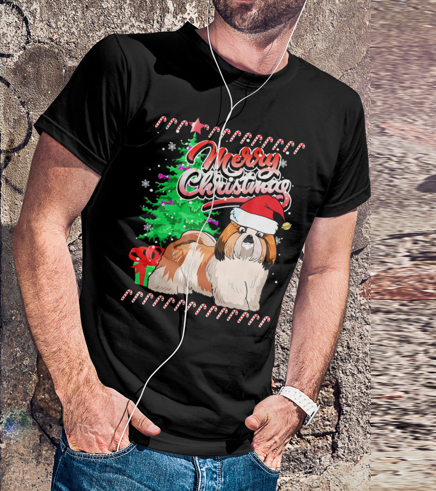 Merry Christmas Shih Tzu Santa Hat Candy Canes T-Shirt
