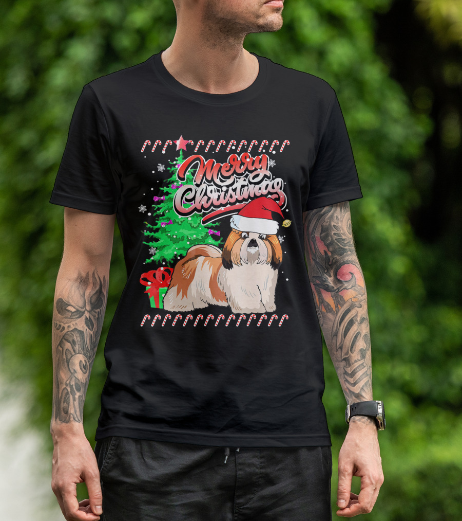 Merry Christmas Shih Tzu Santa Hat Candy Canes T-Shirt