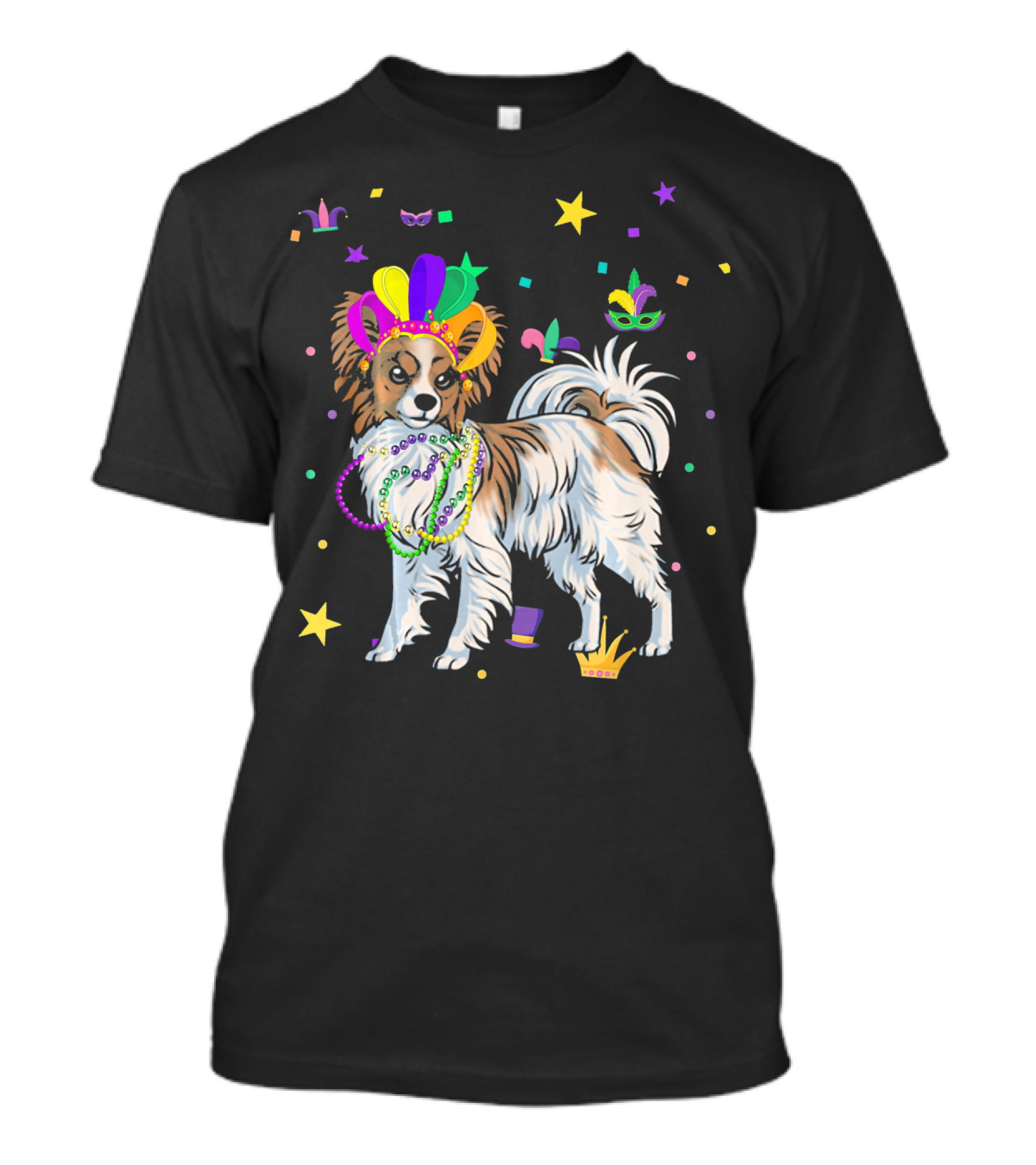 Papillon Dog Mardi Gras Beads And Mask T-Shirt