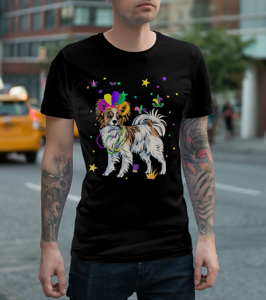 Papillon Dog Mardi Gras Beads And Mask T-Shirt