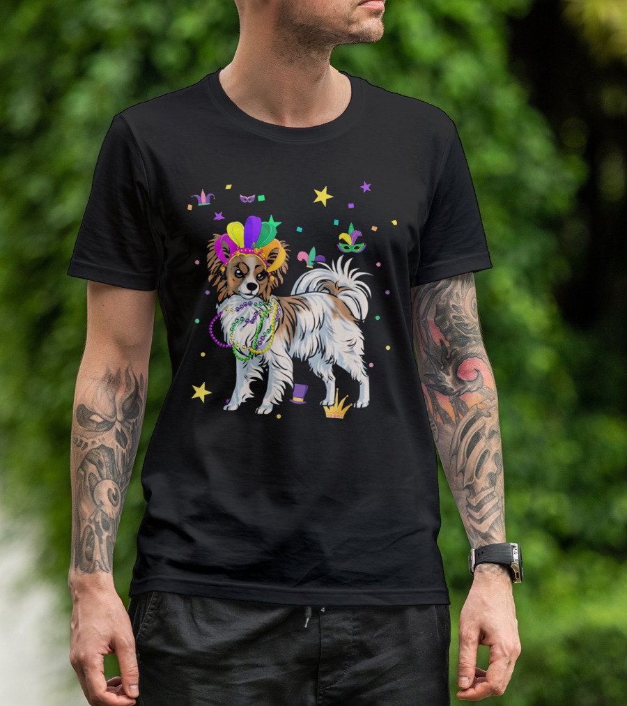 Papillon Dog Mardi Gras Beads And Mask T-Shirt