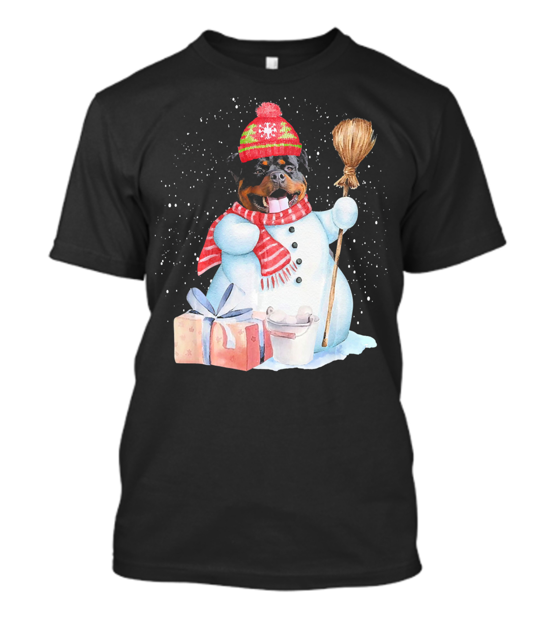 Rottweiler Snowman Holiday Winter Night Scene T-Shirt