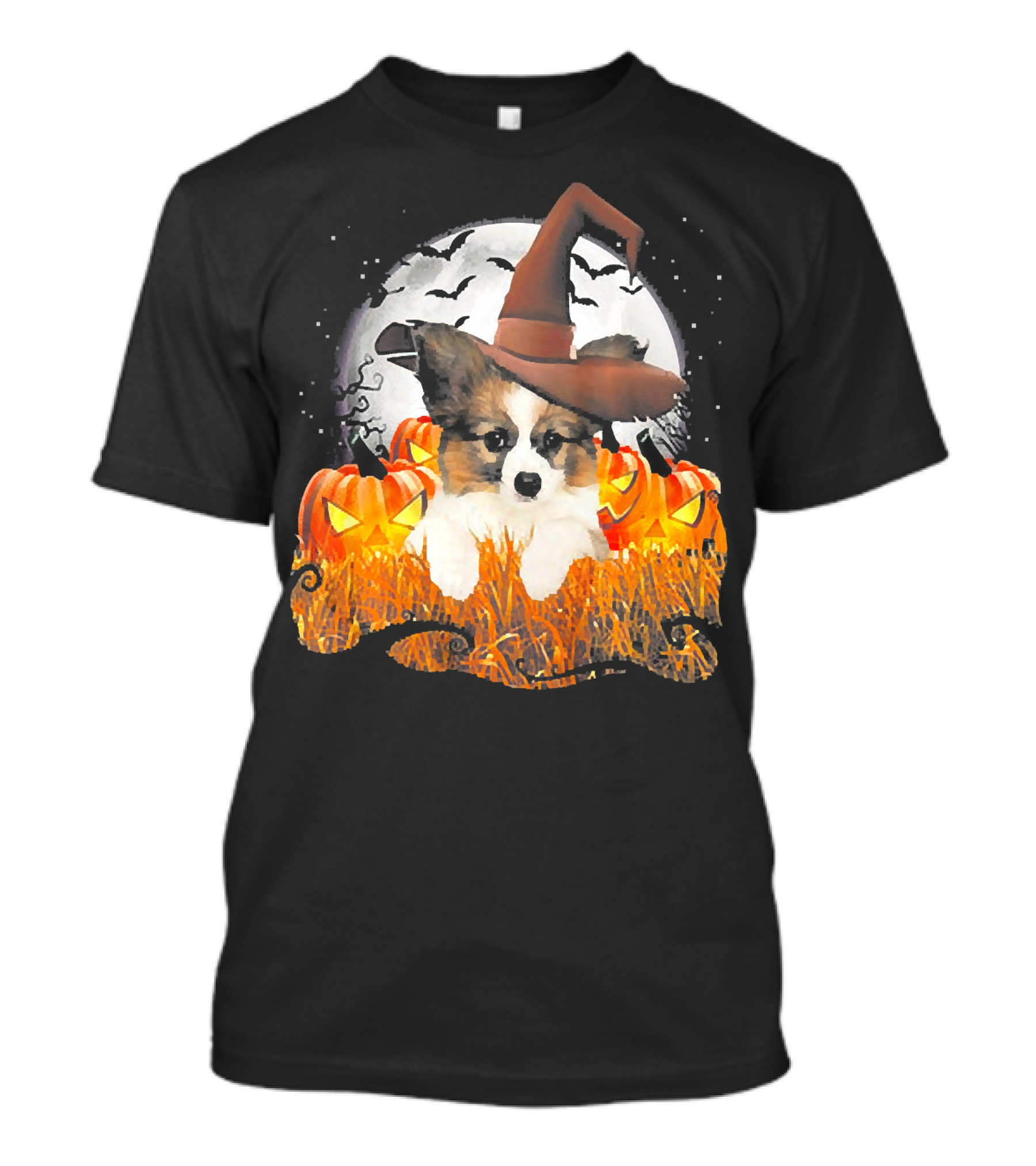 Papillon Halloween Cute Dog Witch With Pumpkins And Full Moon T-Shirt