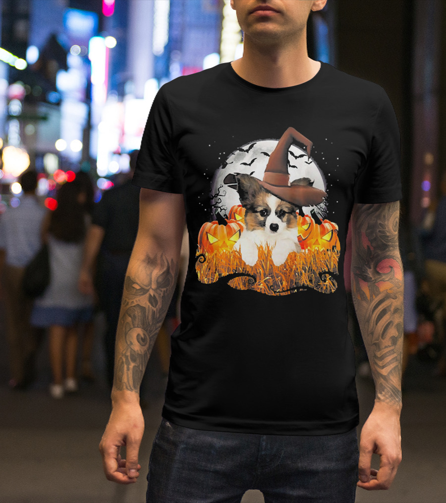 Papillon Halloween Cute Dog Witch With Pumpkins And Full Moon T-Shirt