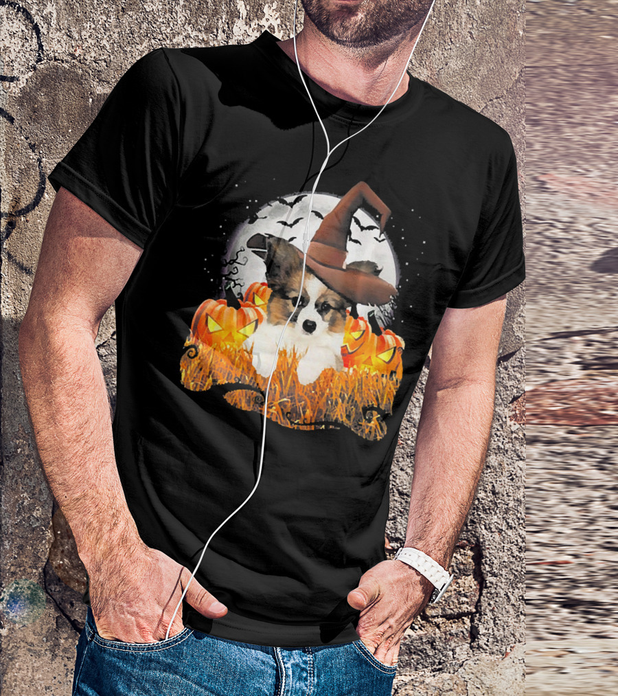 Papillon Halloween Cute Dog Witch With Pumpkins And Full Moon T-Shirt