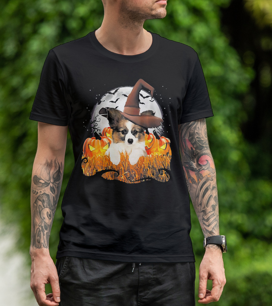 Papillon Halloween Cute Dog Witch With Pumpkins And Full Moon T-Shirt
