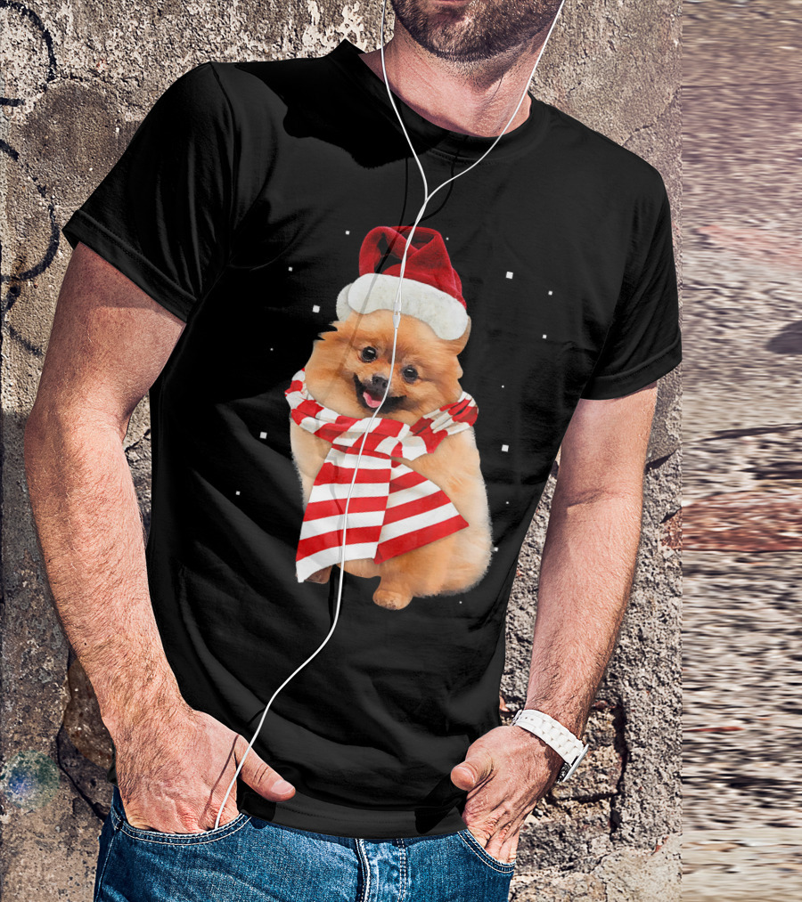 Pomeranian Santa Merry Christmas Dog In Holiday Hat And Scarf T-Shirt