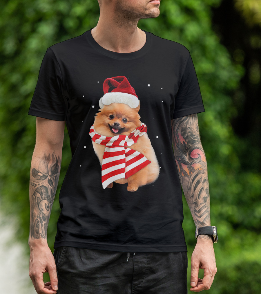 Pomeranian Santa Merry Christmas Dog In Holiday Hat And Scarf T-Shirt