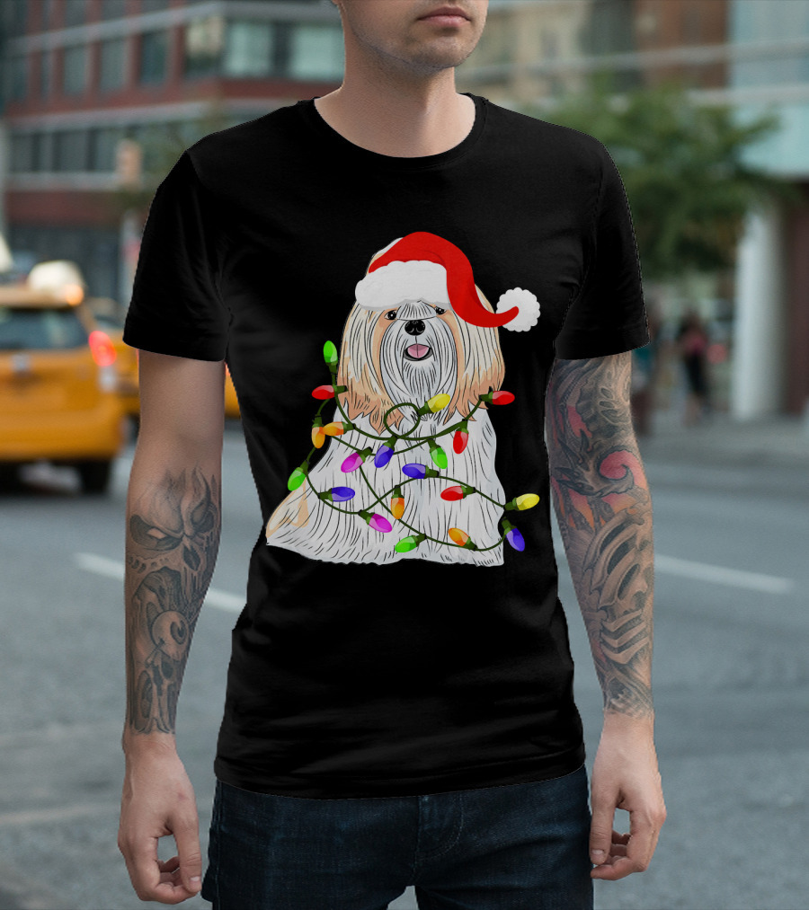Shih Tzu With Santa Hat And Christmas Lights T-Shirt