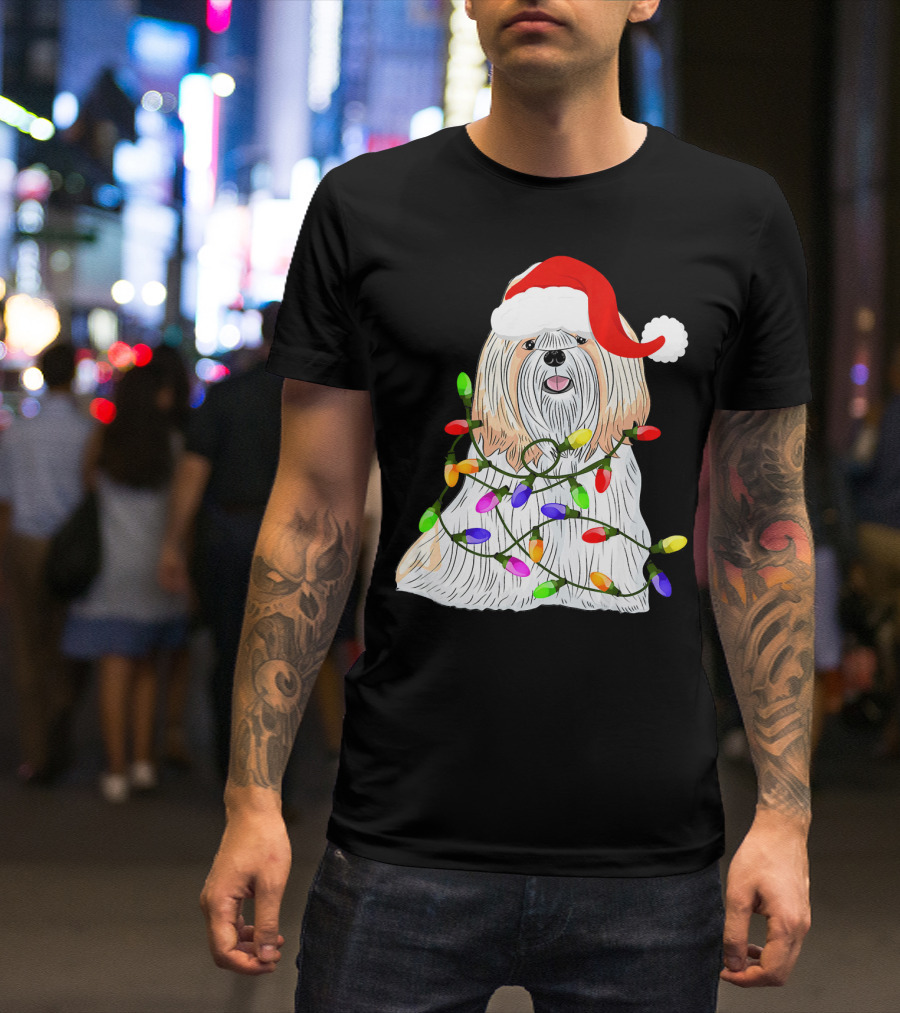 Shih Tzu With Santa Hat And Christmas Lights T-Shirt