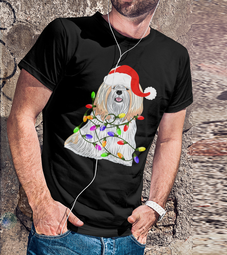 Shih Tzu With Santa Hat And Christmas Lights T-Shirt