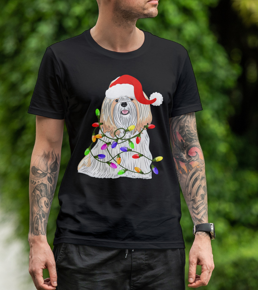 Shih Tzu With Santa Hat And Christmas Lights T-Shirt