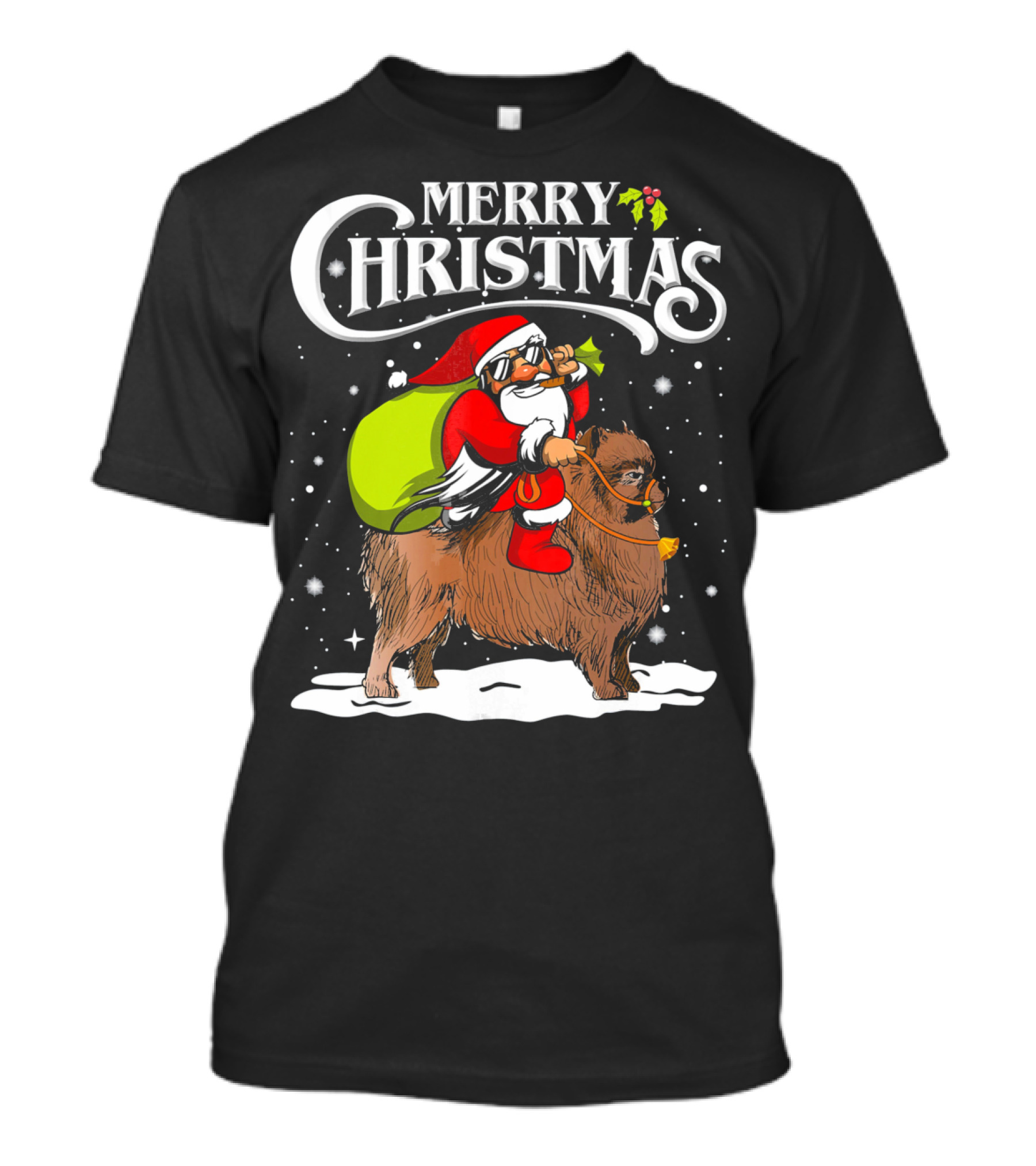 Merry Christmas Santa Riding Pomeranian Snowflakes Holiday T-Shirt