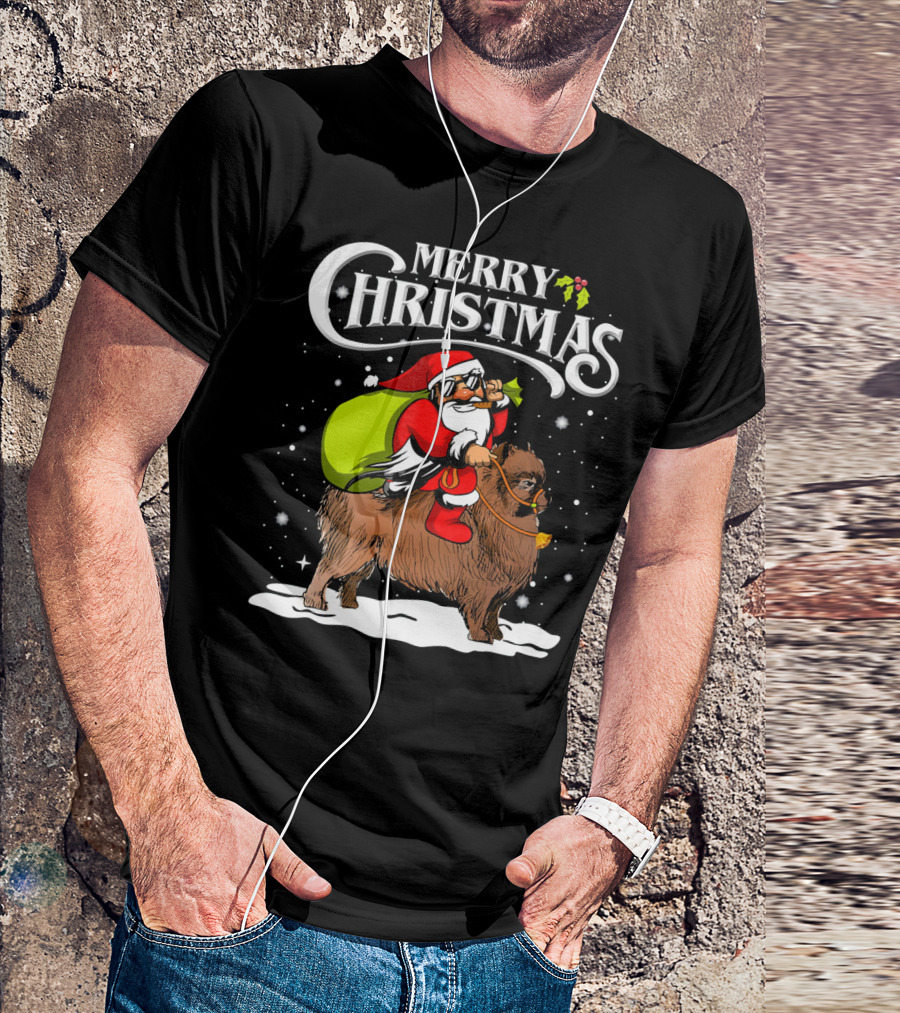 Merry Christmas Santa Riding Pomeranian Snowflakes Holiday T-Shirt