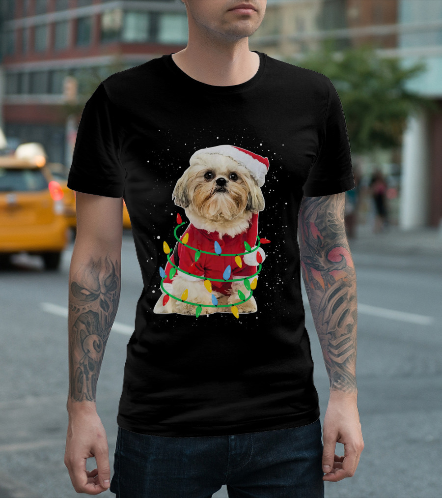Shih Tzu Santa Wrapped In Festive Christmas Lights T-Shirt