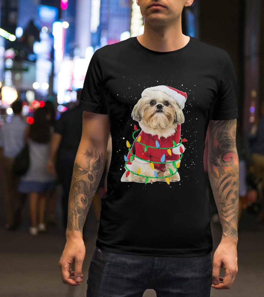 Shih Tzu Santa Wrapped In Festive Christmas Lights T-Shirt