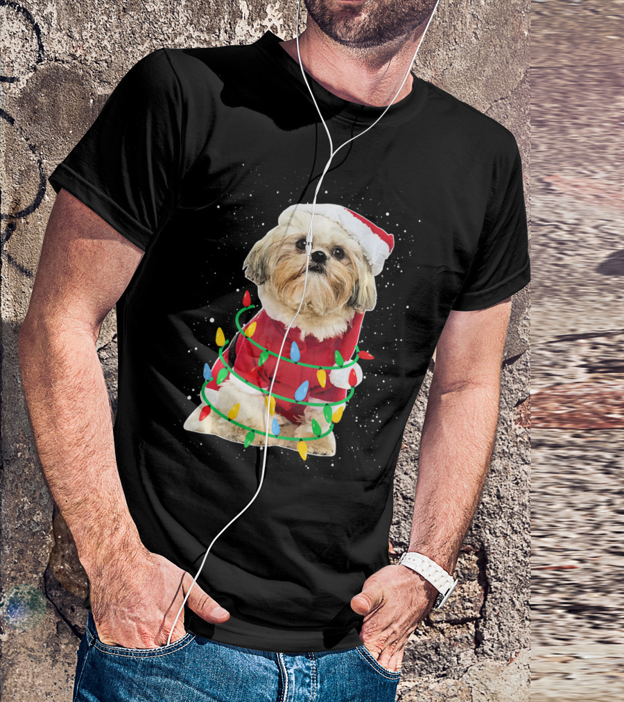 Shih Tzu Santa Wrapped In Festive Christmas Lights T-Shirt
