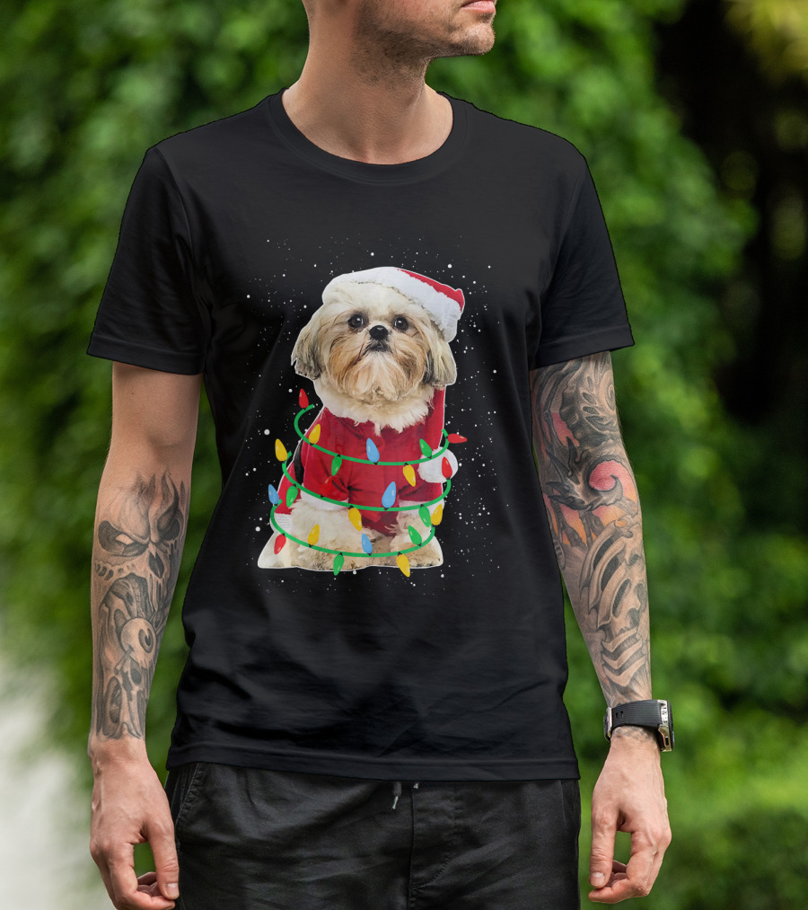 Shih Tzu Santa Wrapped In Festive Christmas Lights T-Shirt