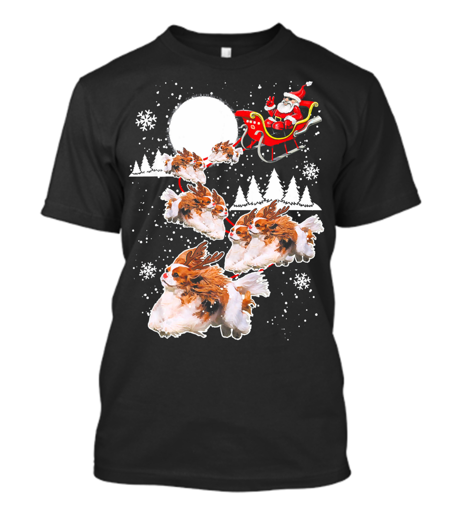 Santa Cavalier King Charles Spaniel Sleigh With Reindeer Dogs Snowflakes T-Shirt