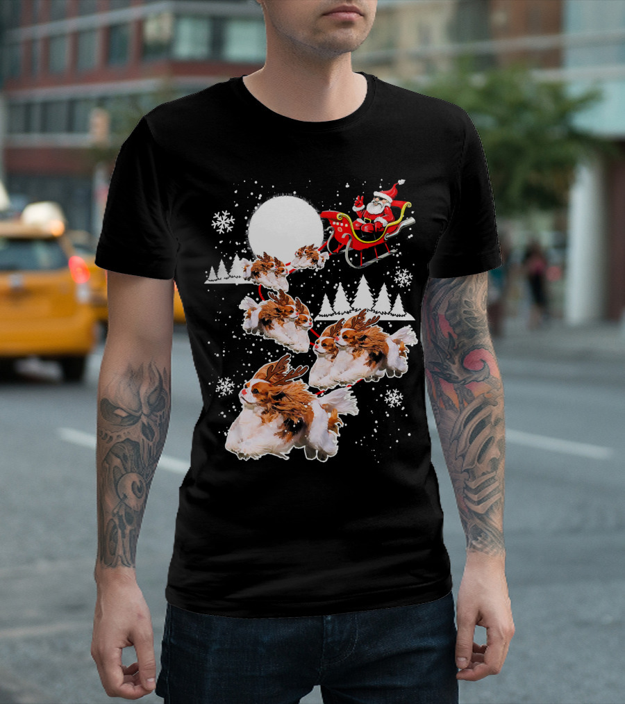 Santa Cavalier King Charles Spaniel Sleigh With Reindeer Dogs Snowflakes T-Shirt