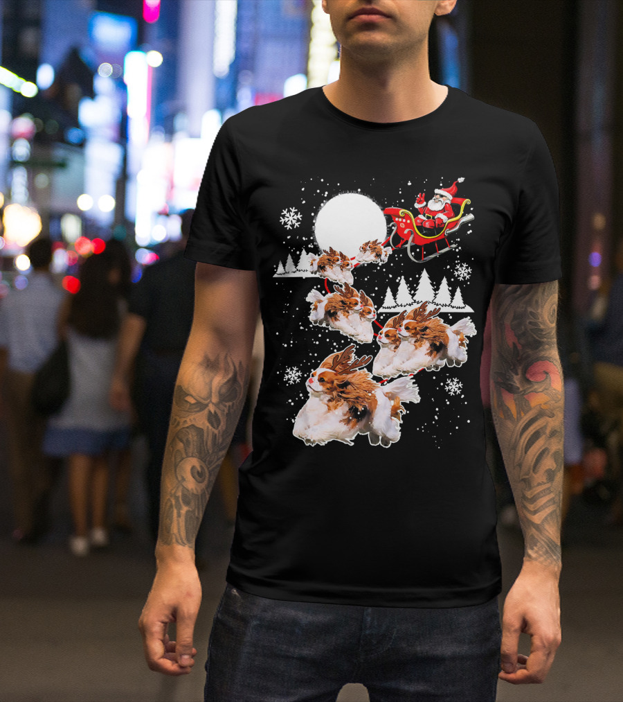 Santa Cavalier King Charles Spaniel Sleigh With Reindeer Dogs Snowflakes T-Shirt