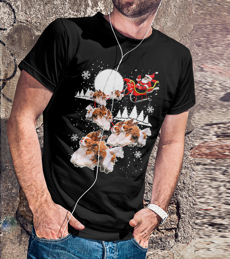 Santa Cavalier King Charles Spaniel Sleigh With Reindeer Dogs Snowflakes T-Shirt